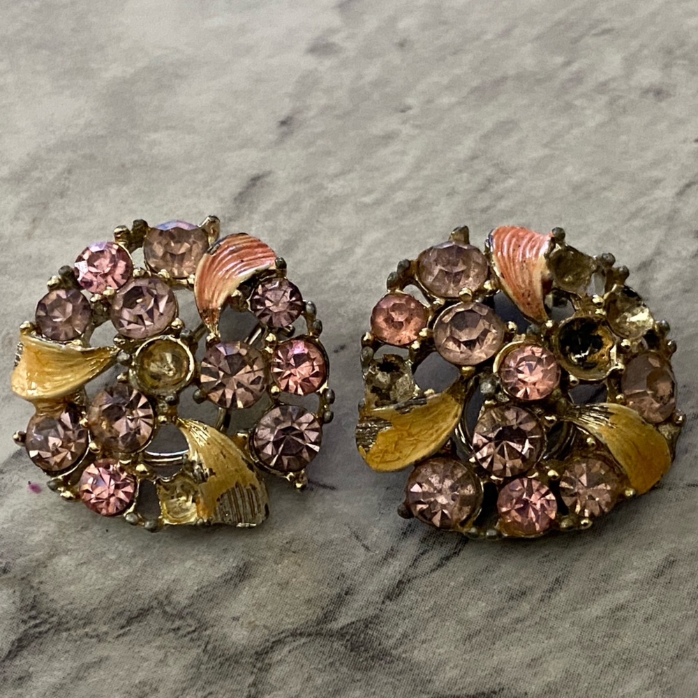 Pink Crystal Floral Clip-On Earrings with Gold Accents -